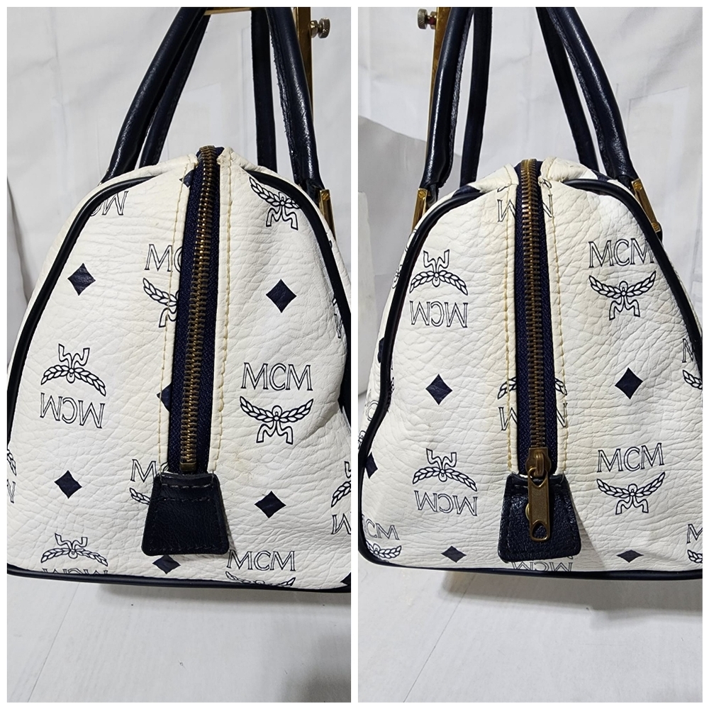 MCM Vintage Coated Canvas visetos Handle Bag Navy Blue/White - Picture 8 of 14